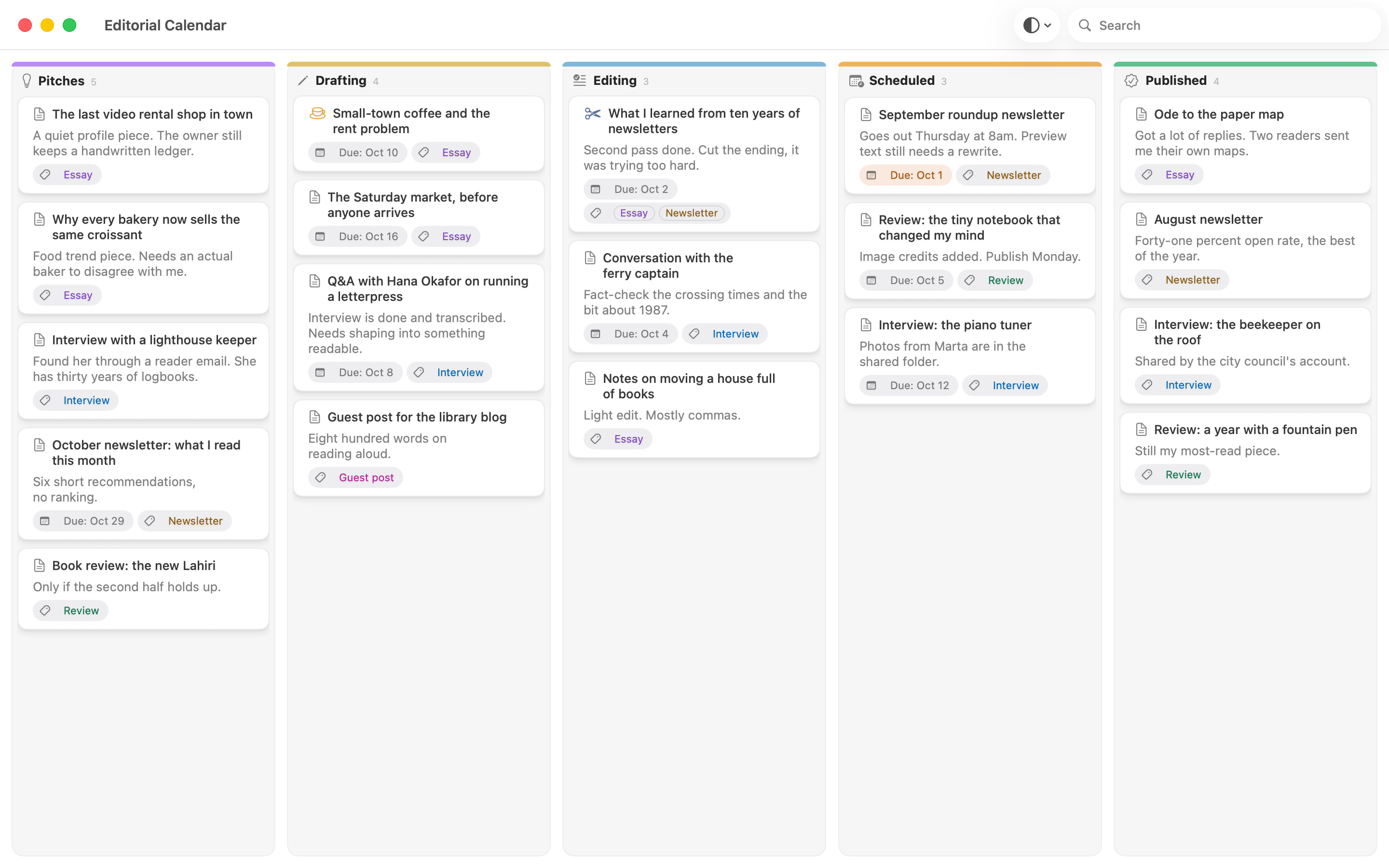The Editorial Calendar board in Lanework: Pitches, Drafting, Editing, Scheduled and Published lanes of essays, interviews and newsletters with due dates.